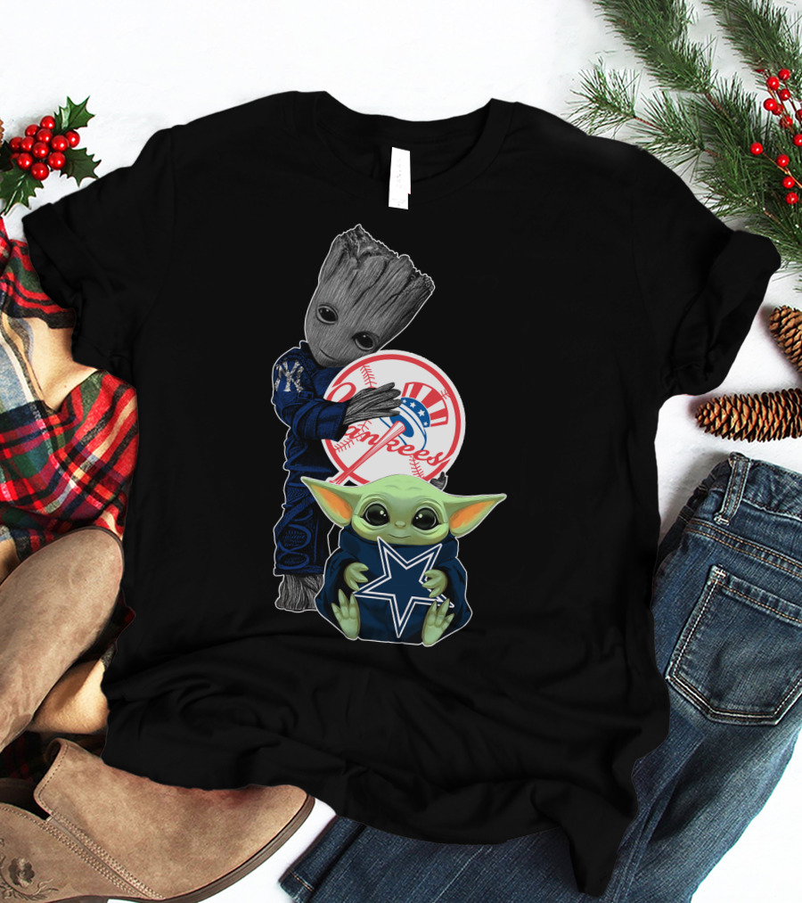 Yankees Groot Cowboys Baby Yoda With Logos T-Shirt