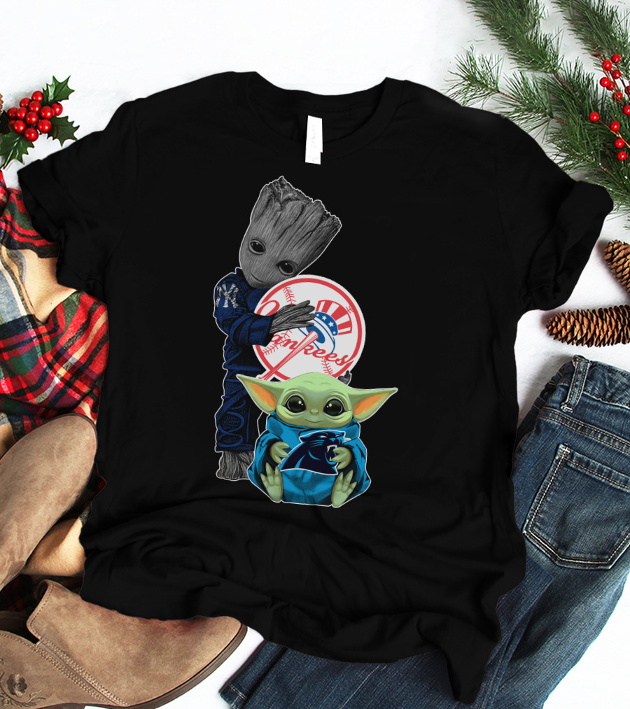 New York Yankees Groot And Panthers Baby Yoda T-Shirt