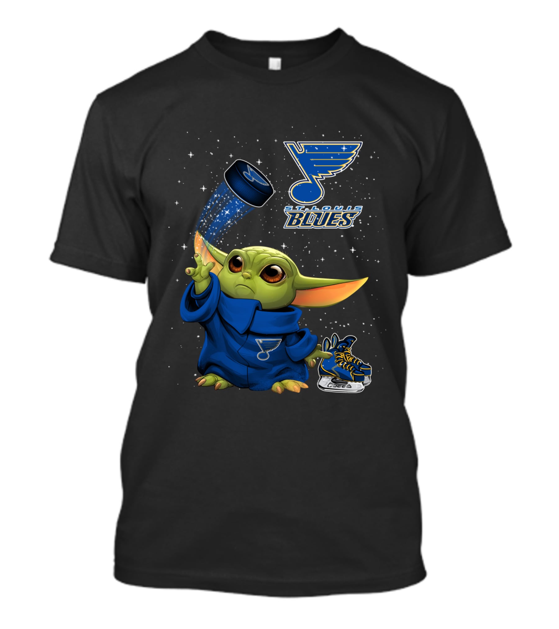 St Louis Blues Baby Yoda Holding Hockey Puck With Logo And Skates T-Shirt
