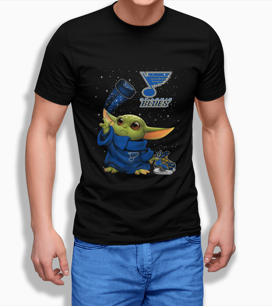 St Louis Blues Baby Yoda Holding Hockey Puck with Logo and Skates T-Shirt