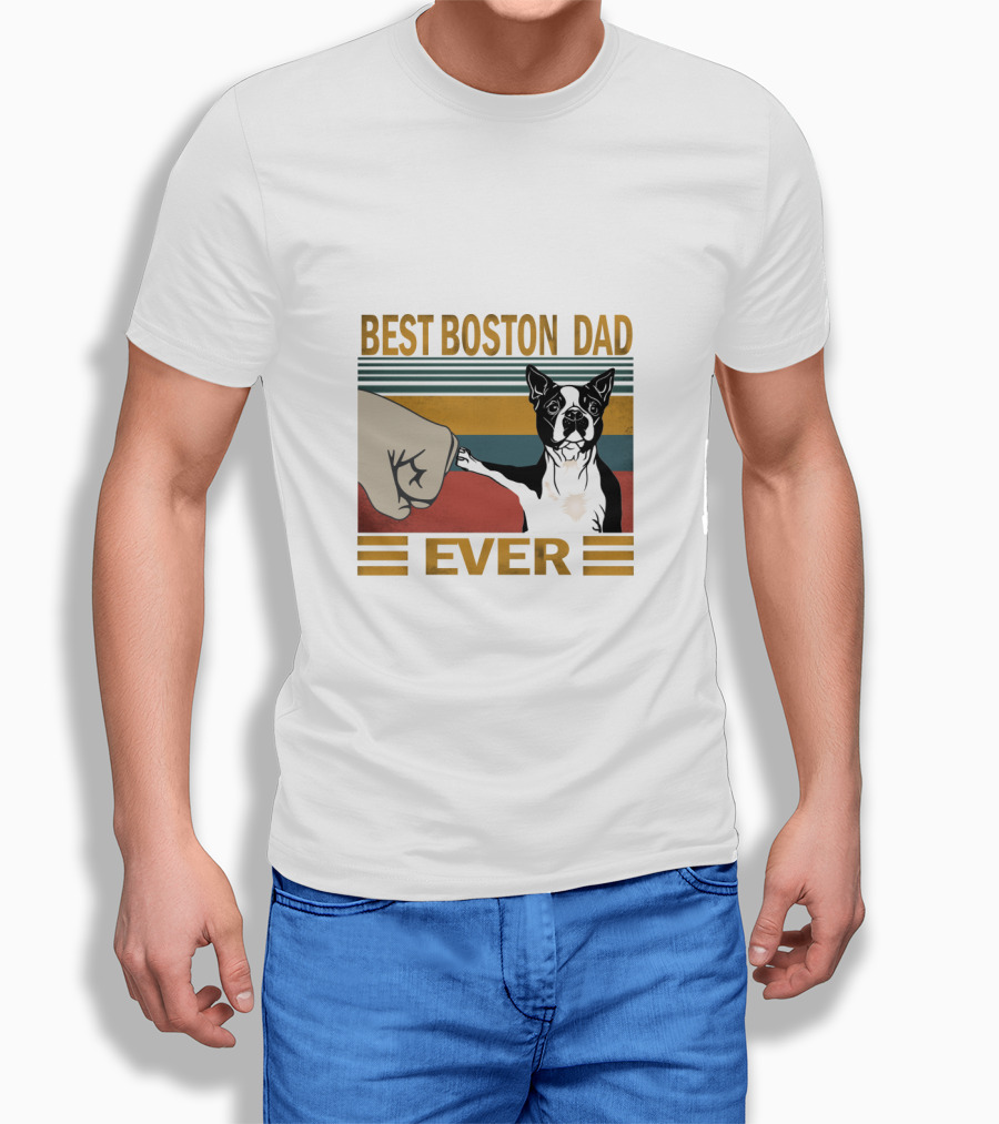 Best Boston Dad Ever Retro Style Fist Bump With Boston Terrier T-Shirt
