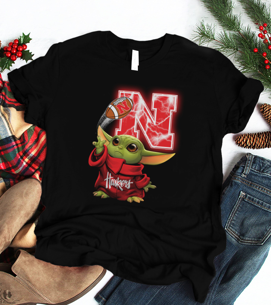 Huskers Baby Yoda Football Nebraska N T-Shirt