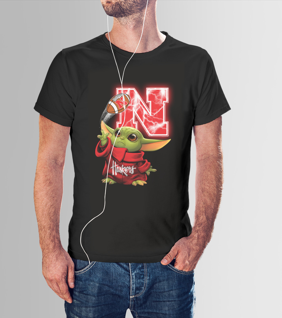 Huskers Baby Yoda Football Nebraska N T-Shirt