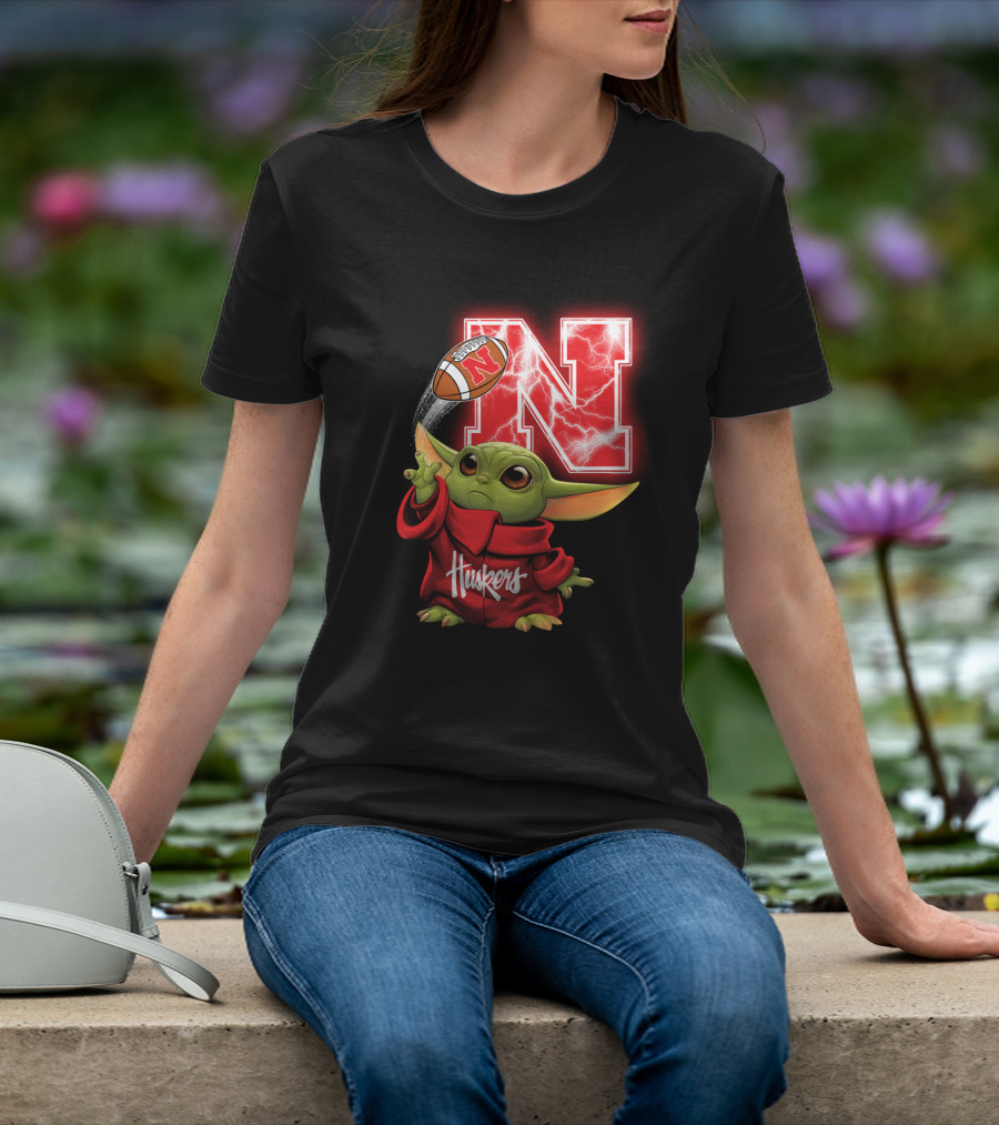 Huskers Baby Yoda Football Nebraska N T-Shirt