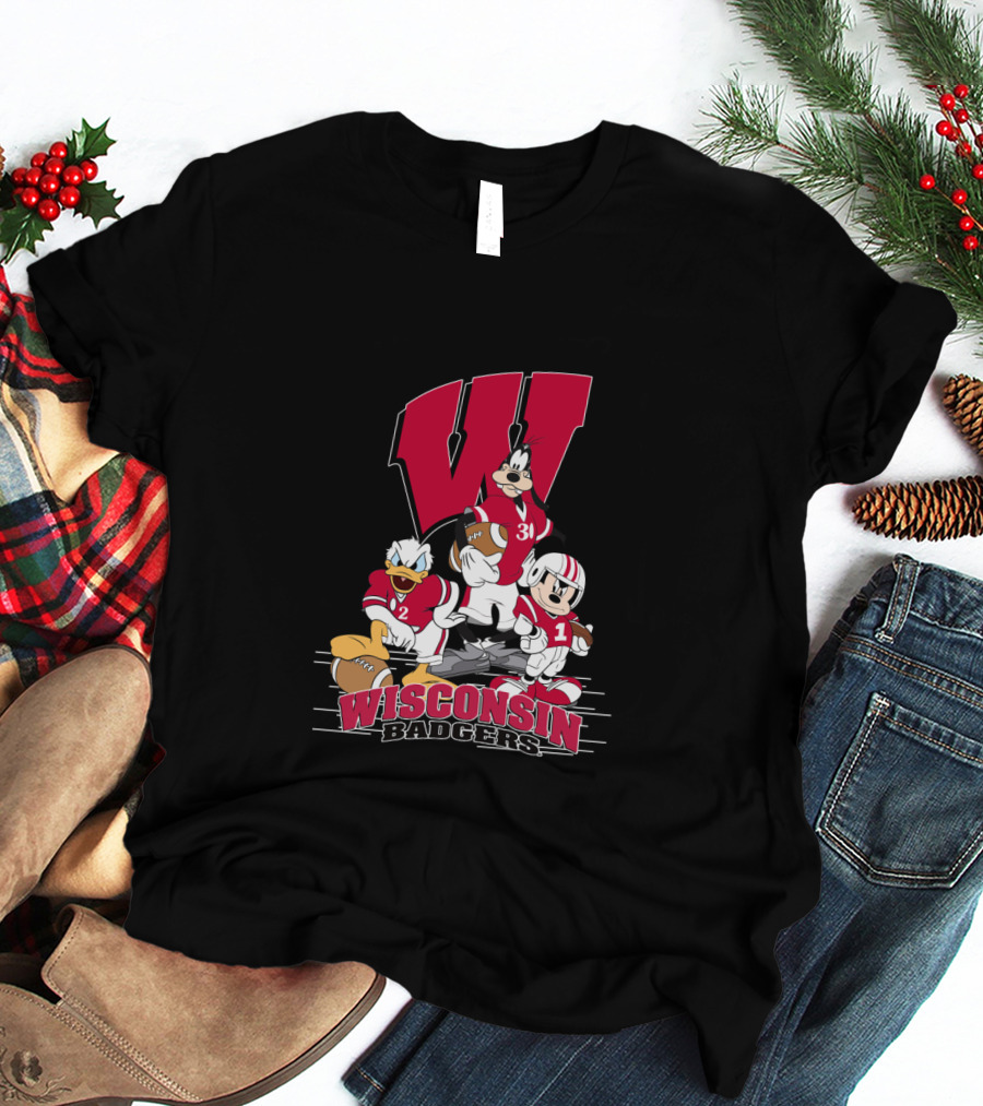 Wisconsin Badgers Donald Duck Goofy Mickey Mouse Football T-Shirt