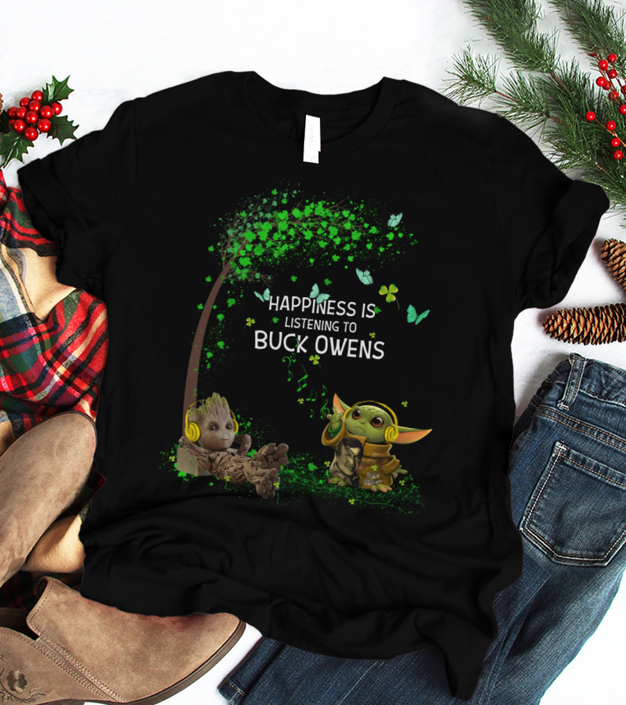 Happiness Is Listening To Buck Owens With Cute Tree Creature And Yoda-Like Alien T-Shirt