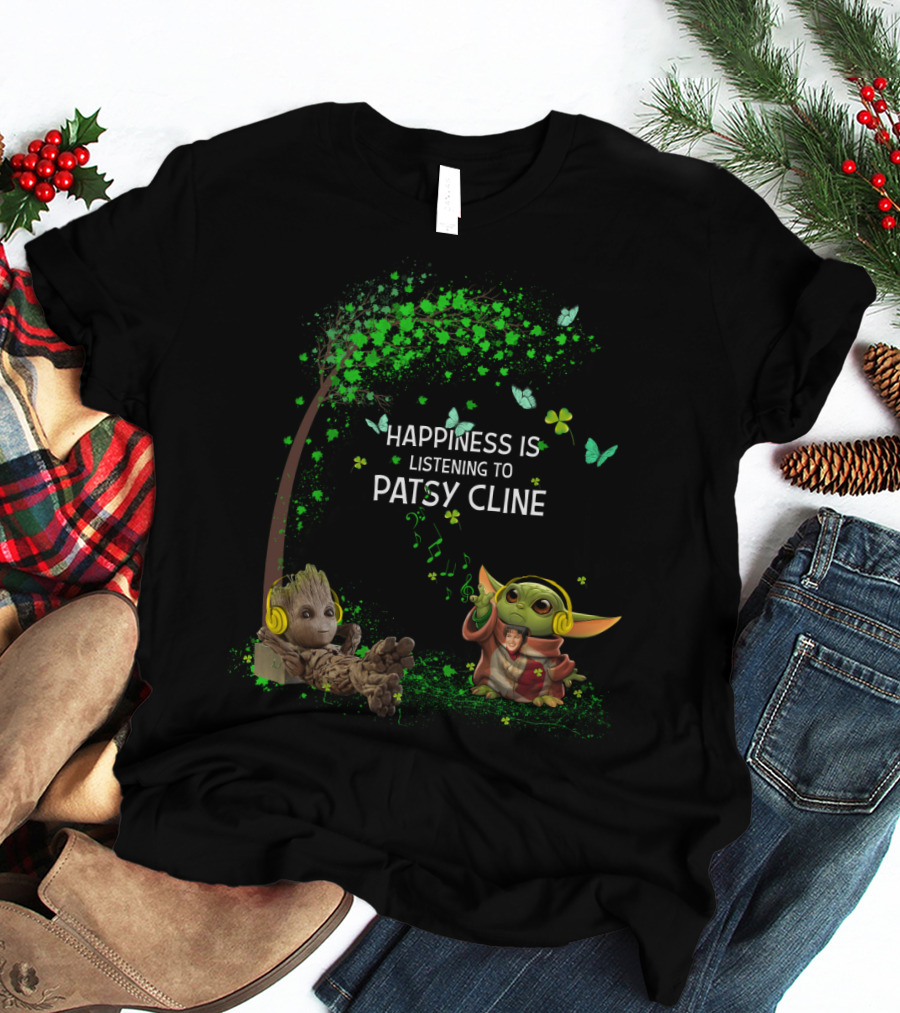 Happiness Is Listening To Patsy Cline With Groot And Baby Yoda T-Shirt