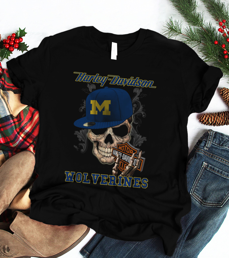 Harley Davidson Michigan Wolverines Skull With Cap T-Shirt
