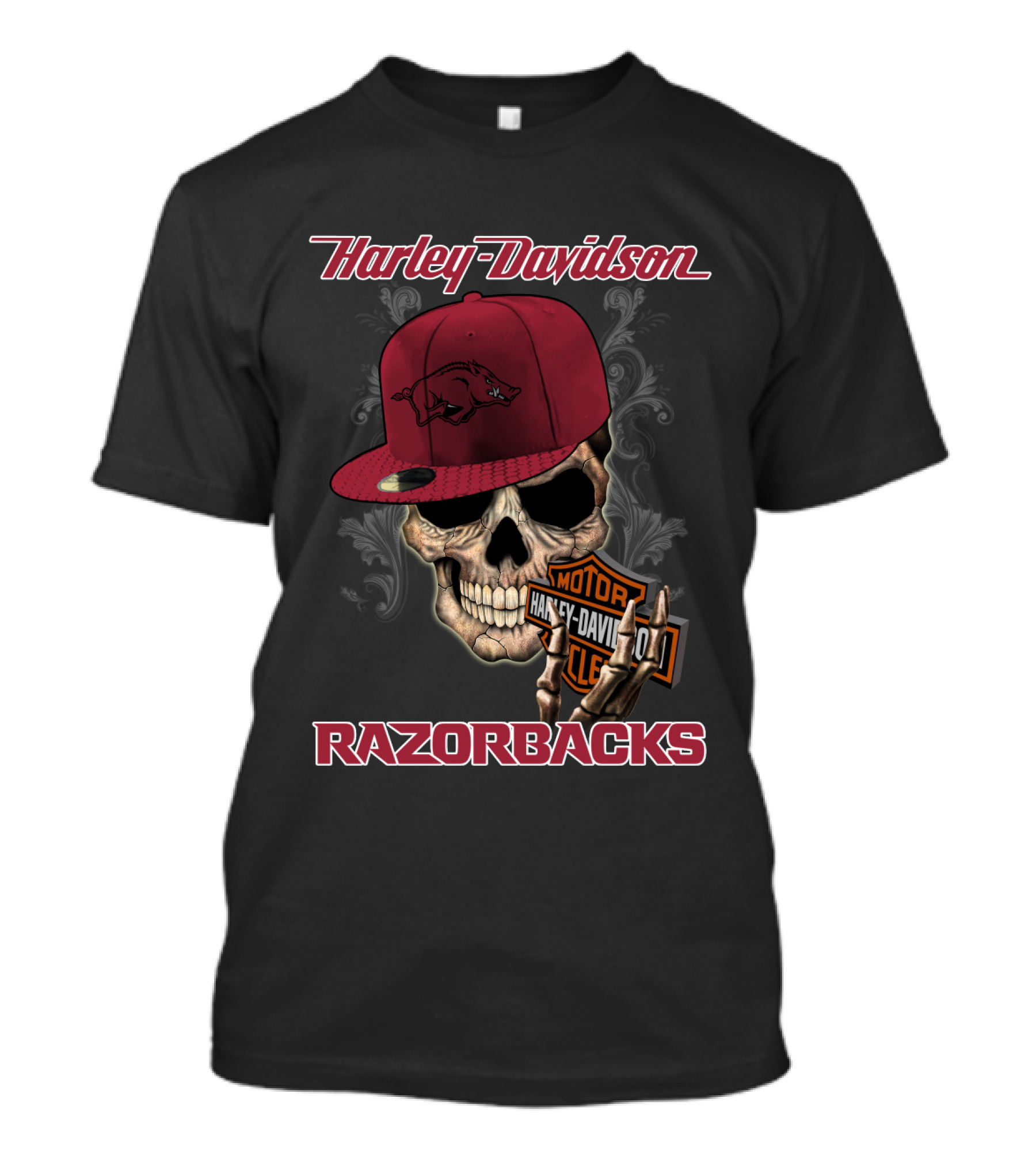 Harley Davidson Skull Arkansas Razorbacks Moto Club Hat T-Shirt