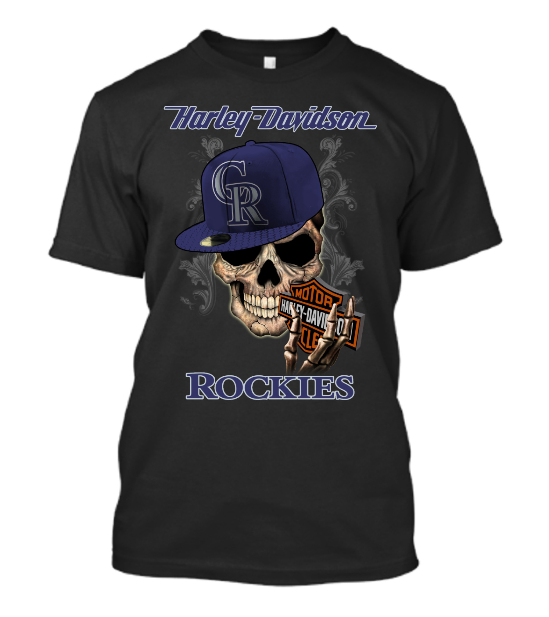 Harley Davidson Rockies Skull With Colorado Rockies Cap T-Shirt