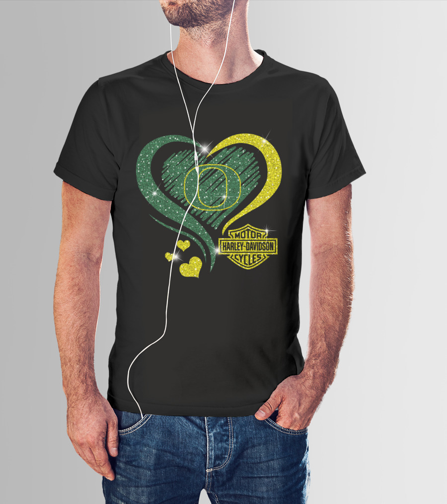 Oregon Ducks Heart Harley Davidson Motorcycles T-Shirt