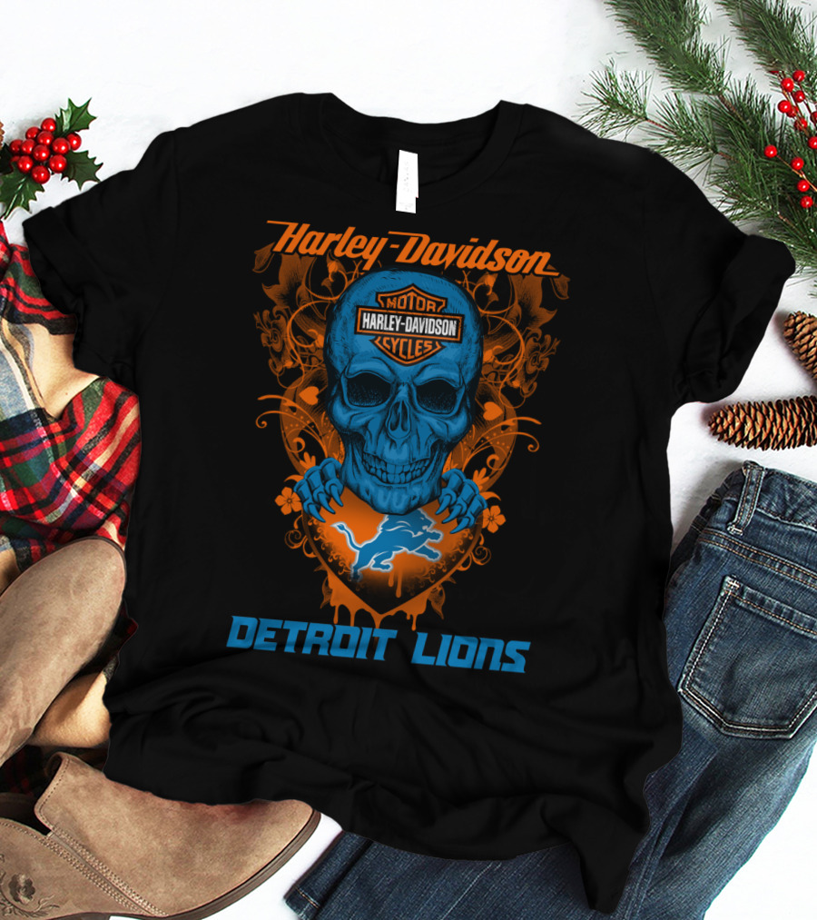 Harley Davidson Motor Detroit Lions Skull T-Shirt