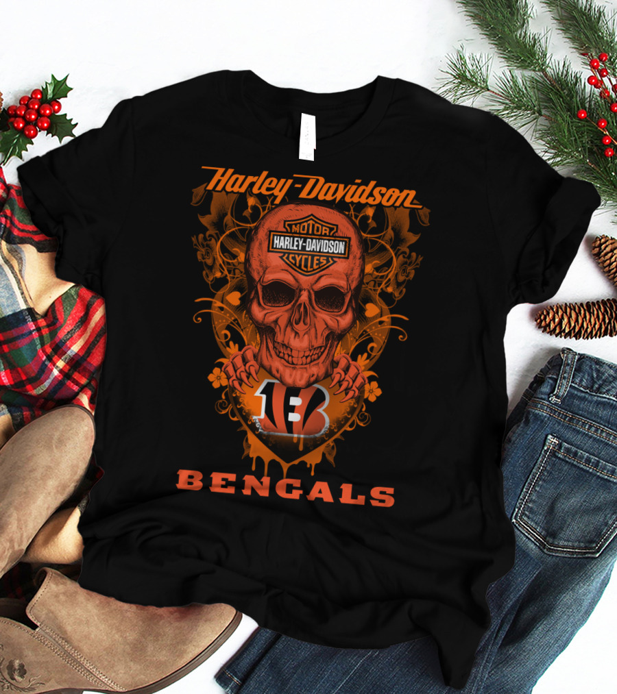 Harley Davidson Motor Cycles Skull Cincinnati Bengals T-Shirt