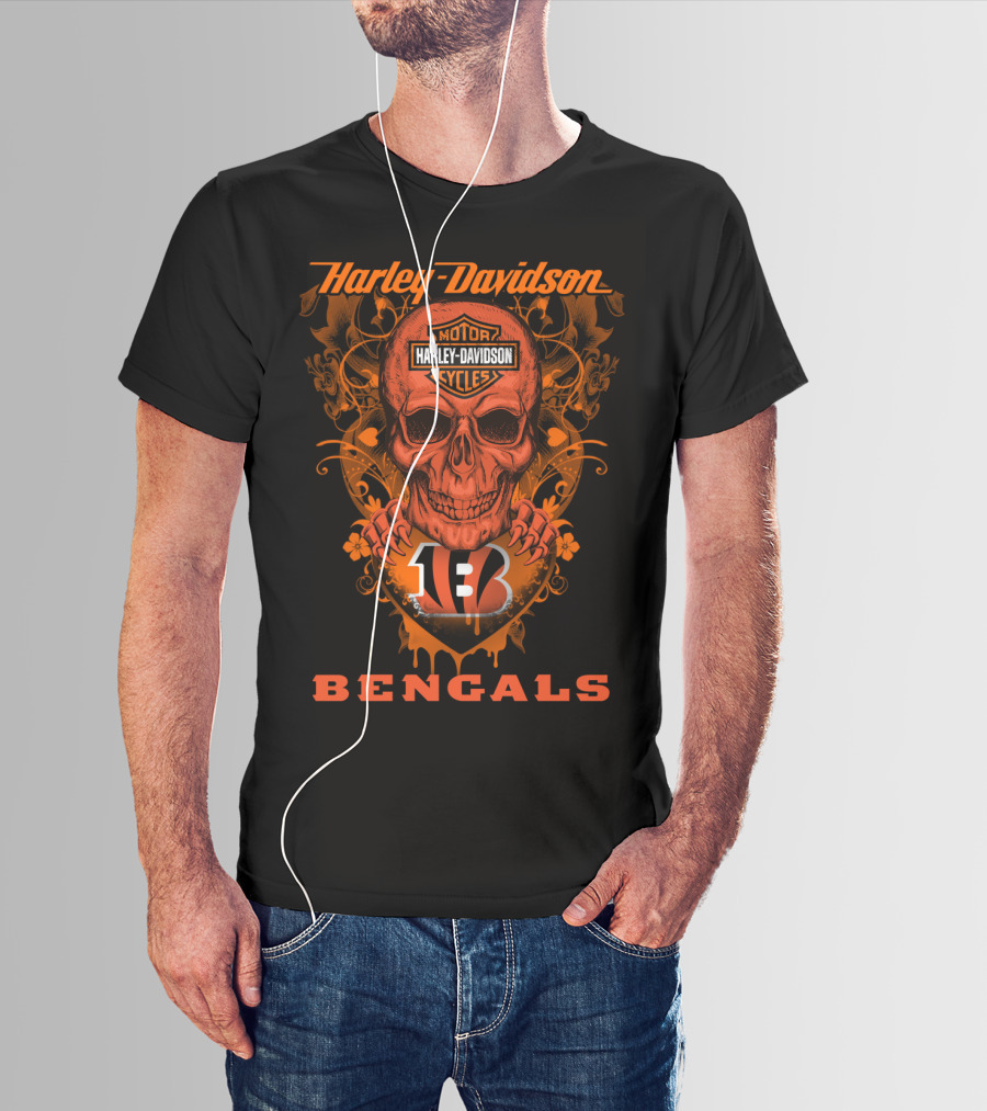 Harley Davidson Motor Cycles Skull Cincinnati Bengals T-Shirt