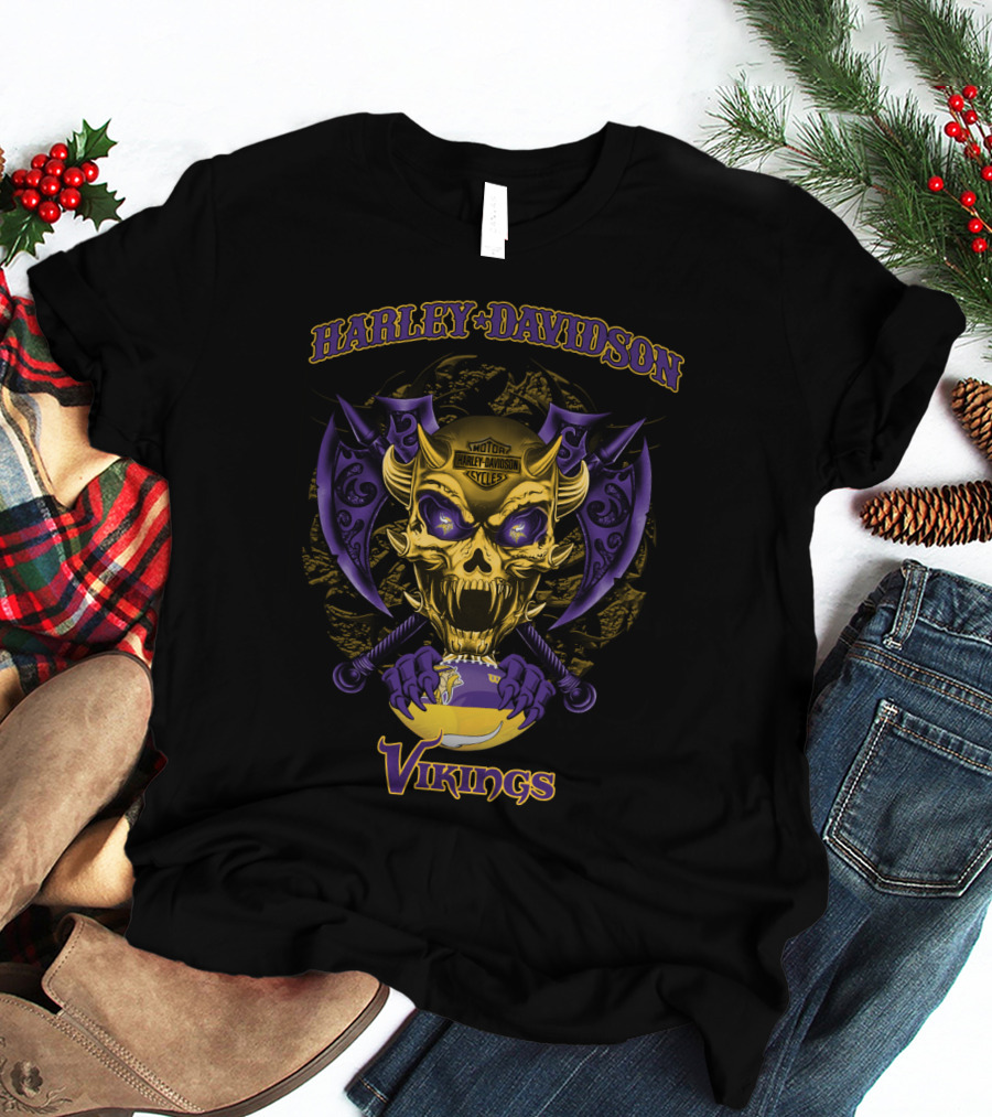 Harley Davidson Vikings Skull Axes Minnesota Vikings T-Shirt