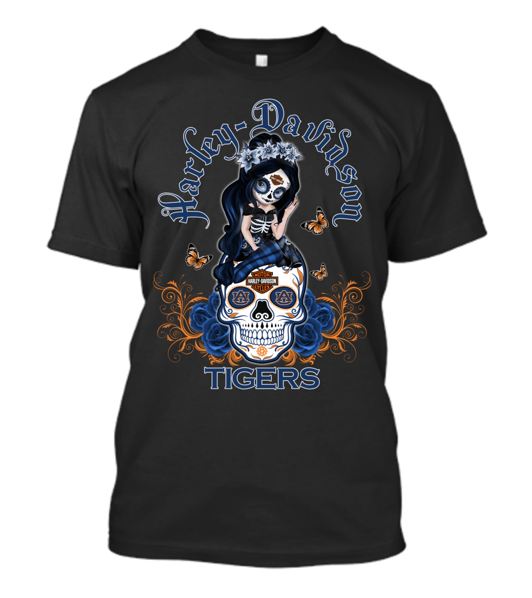 Harley Davidson Auburn Tigers Skull With Butterfly And Floral Accents T-Shirt