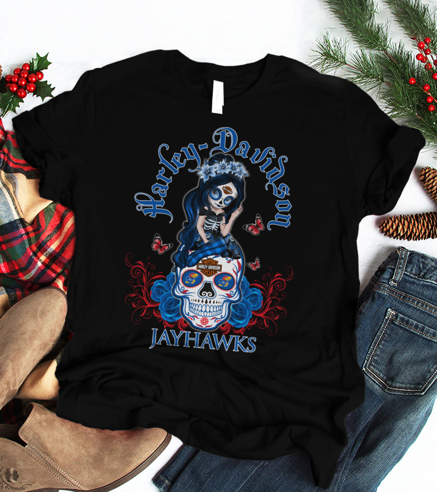 Harley Davidson Jayhawks Motorcycle Style With Day Of The Dead Skull And Butterflies T-Shirt