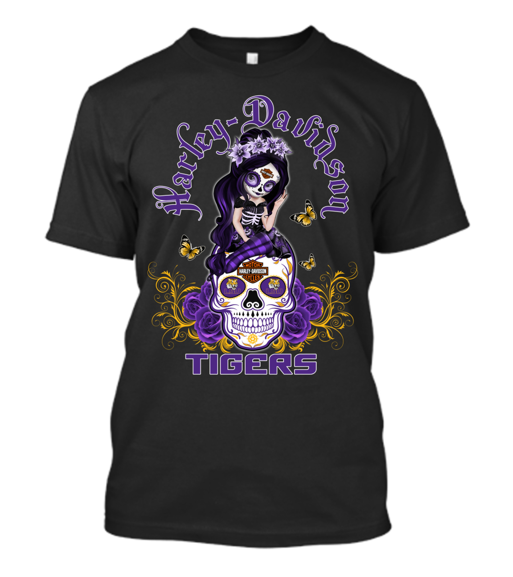 Harley Davidson Lsu Tigers Skull With Purple Flowers And Butterflies T-Shirt