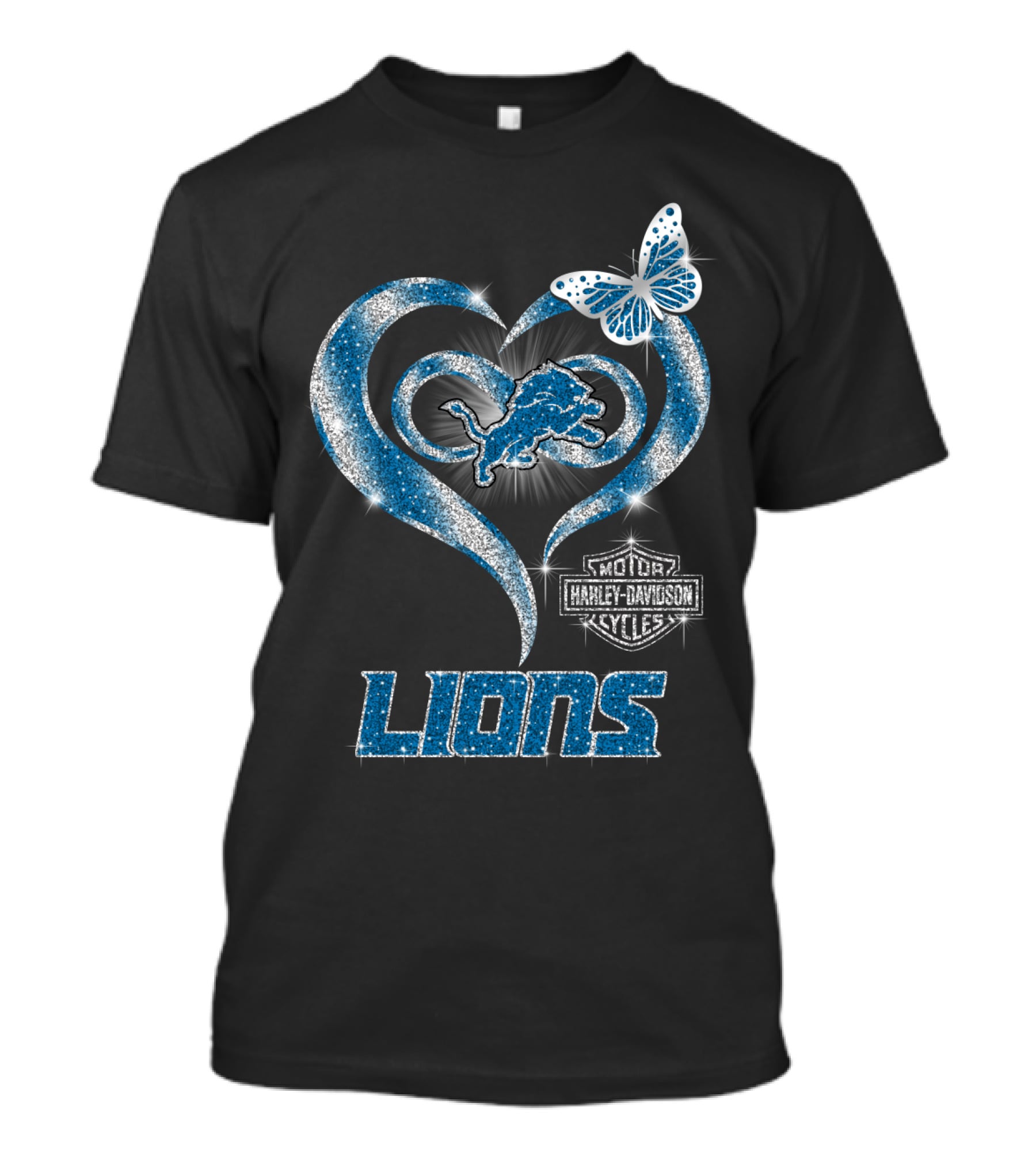 Detroit Lions Harley Davidson Motor Cycles Heart Butterfly T-Shirt