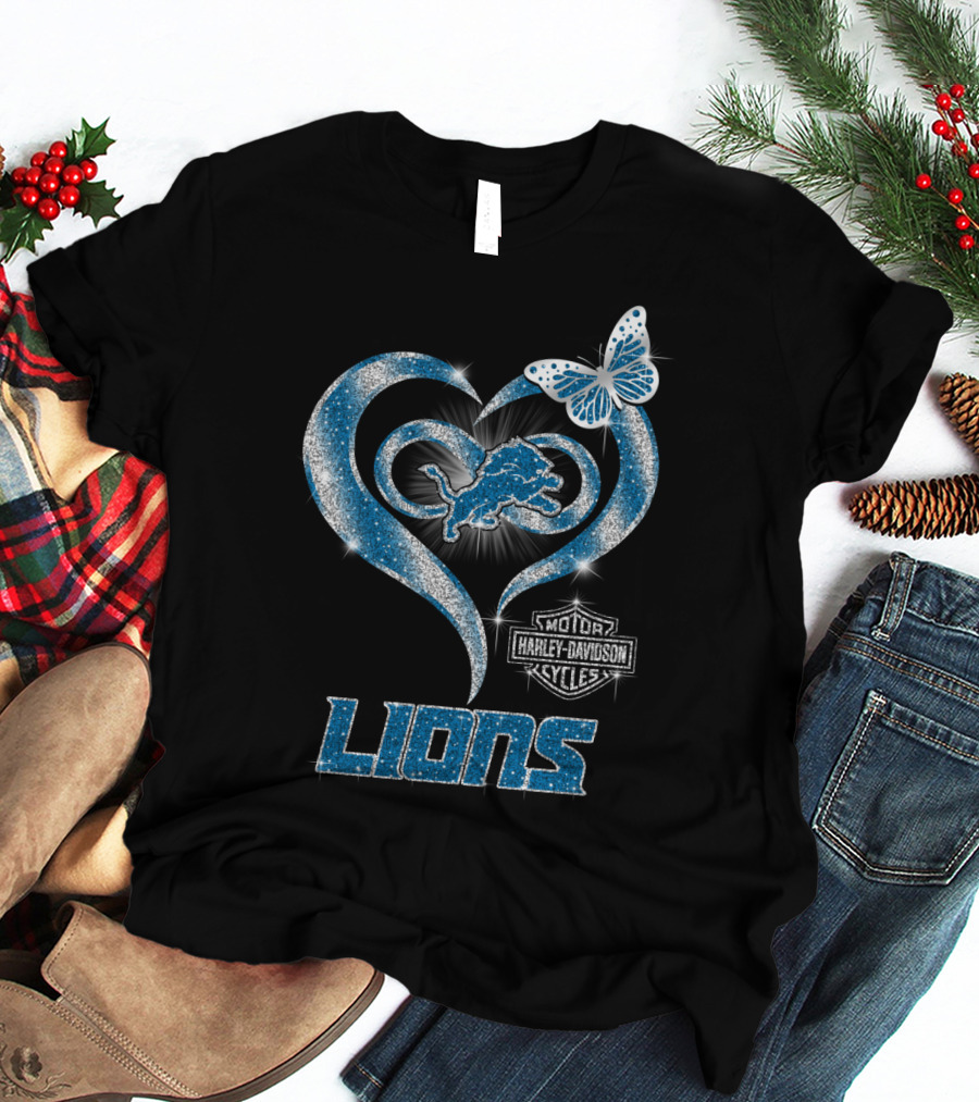 Detroit Lions Harley Davidson Motor Cycles Heart Butterfly T-Shirt