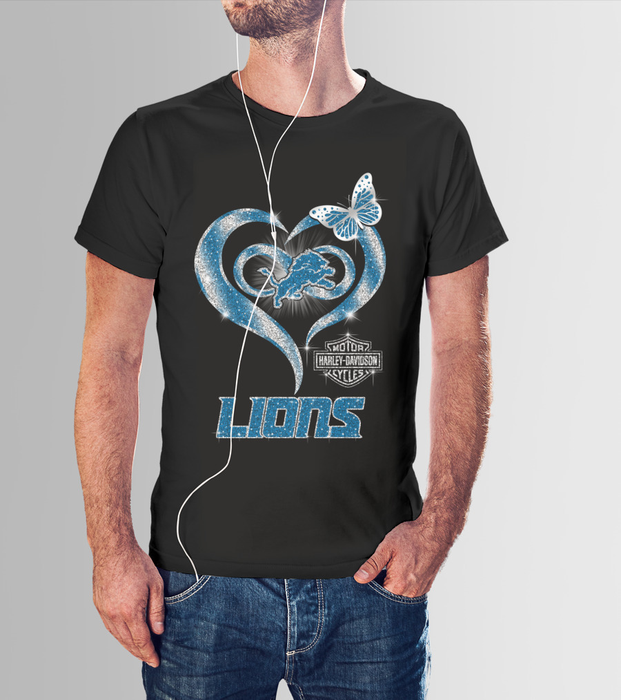 Detroit Lions Harley Davidson Motor Cycles Heart Butterfly T-Shirt