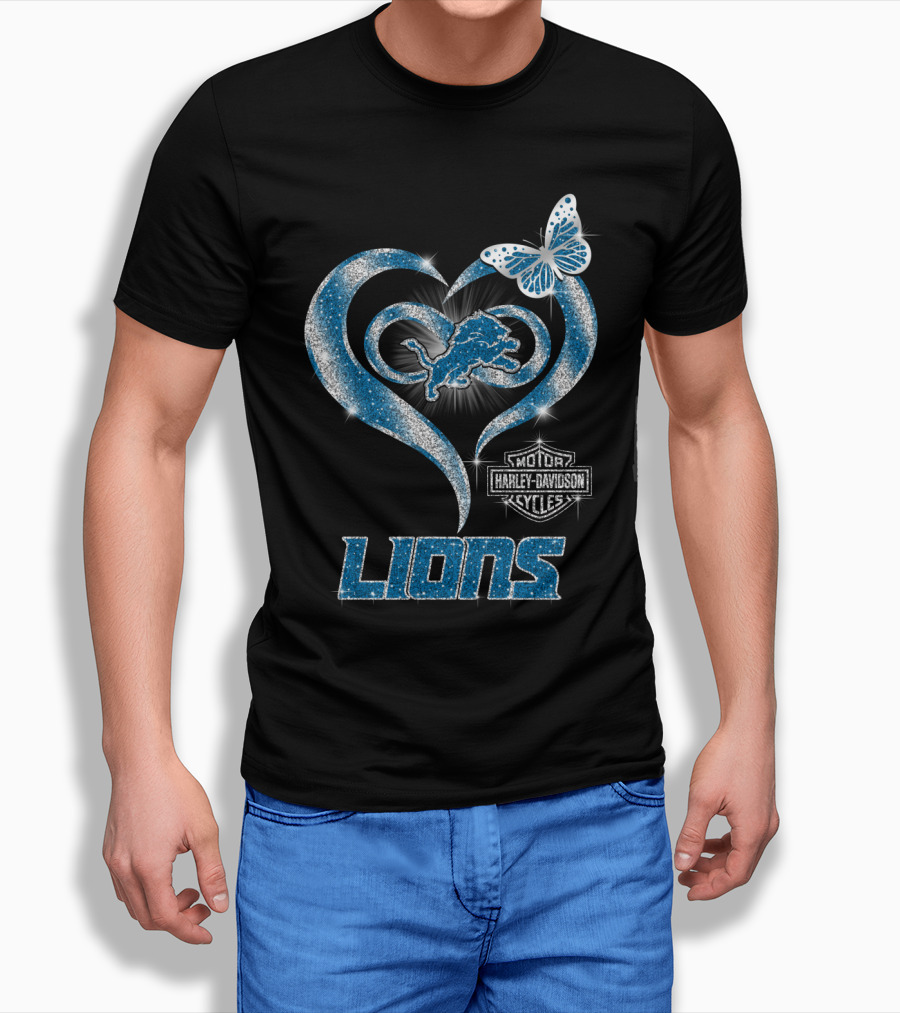 Detroit Lions Harley Davidson Motor Cycles Heart Butterfly T-Shirt