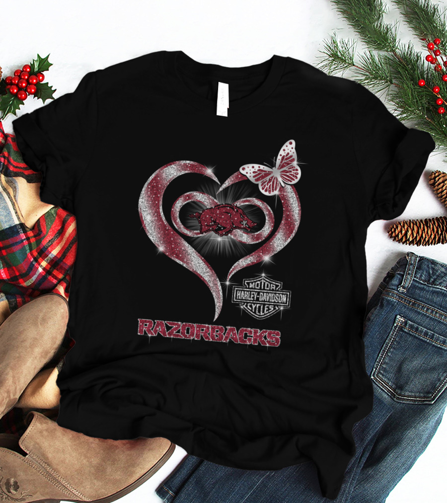 Razorbacks Heart Arkansas Harley Davidson Cycles Butterfly T-Shirt