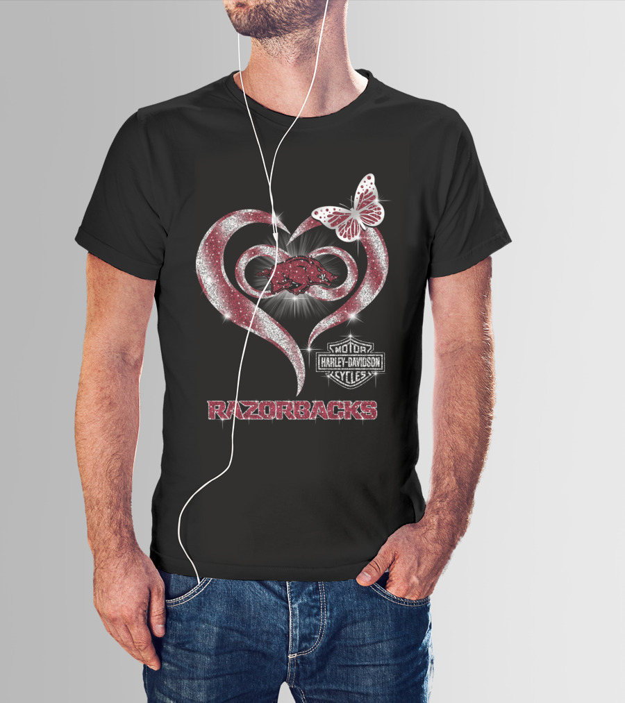 Razorbacks Heart Arkansas Harley Davidson Cycles Butterfly T-Shirt
