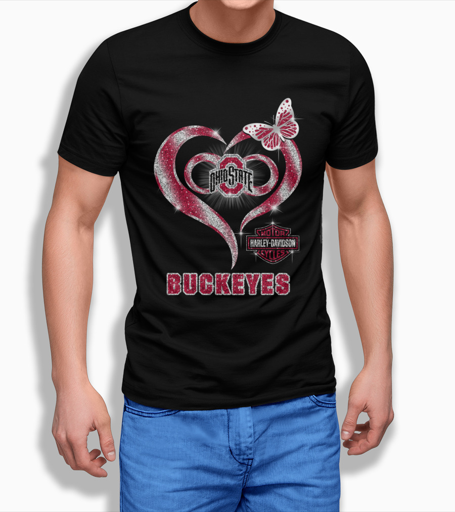 Ohio State Buckeyes Harley Davidson Heart Butterfly T-Shirt