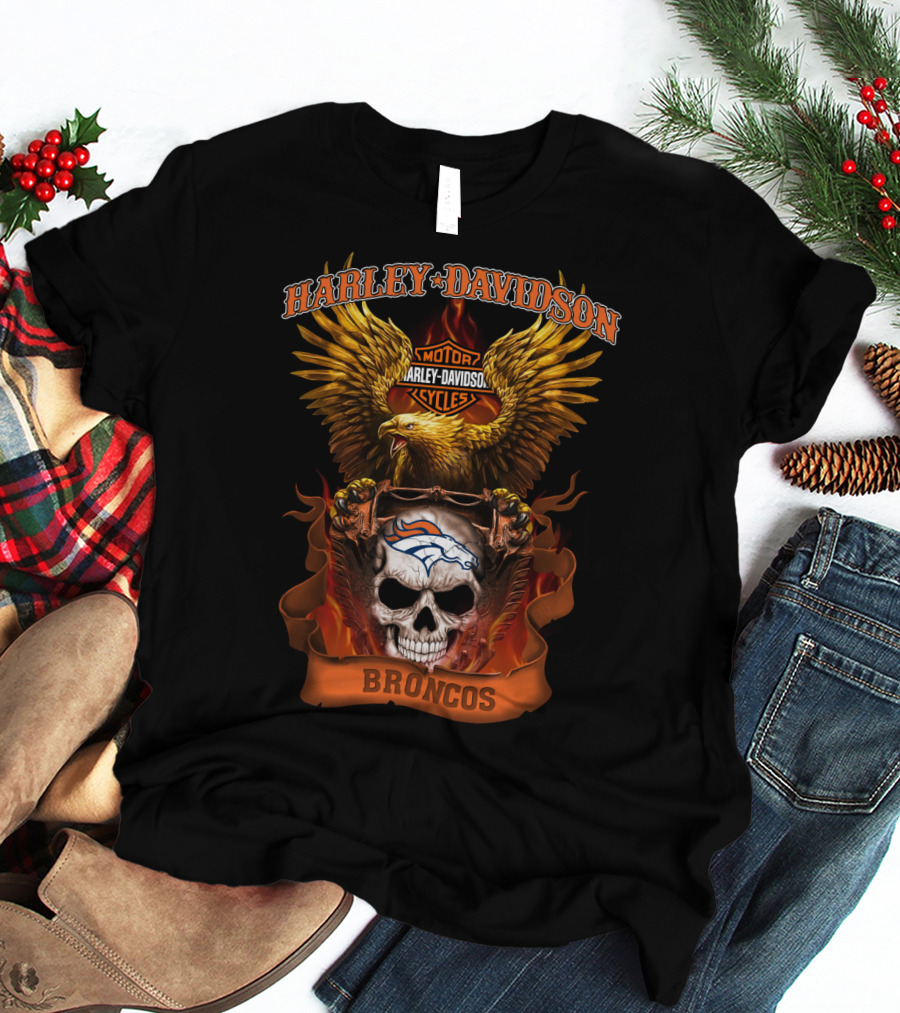 Harley Davidson Motor Cycles Broncos Eagle Skull T-Shirt