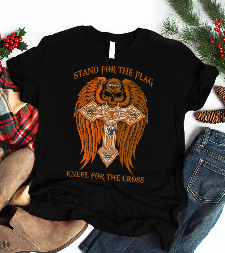 Stand For The Flag Kneel For The Cross Texas Longhorns Skull Wings Cross T-Shirt
