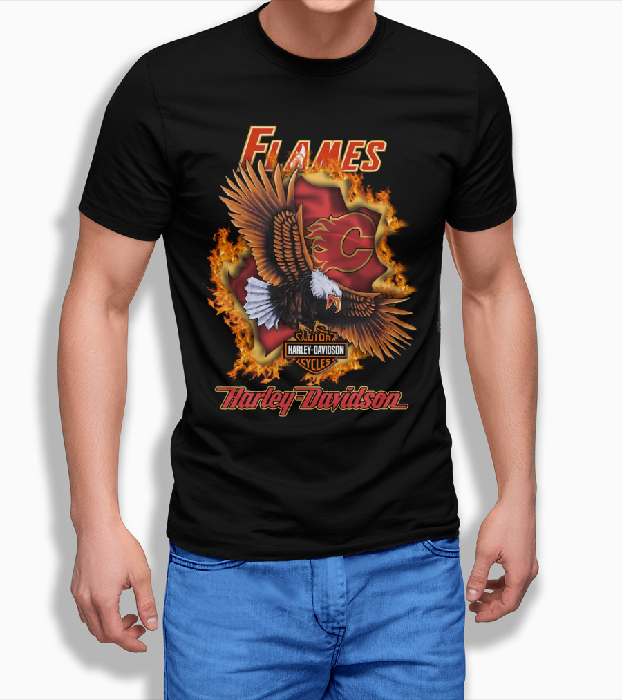 Harley Davidson Flames Nhl Calgary Flames Eagle T-Shirt