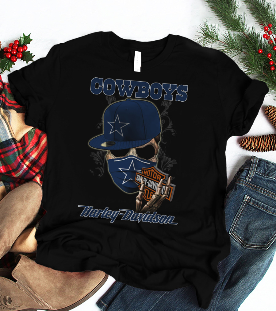 Cowboys Harley Davidson Skull With Cap And Mask Nfl Dallas 04.13 T-Shirt
