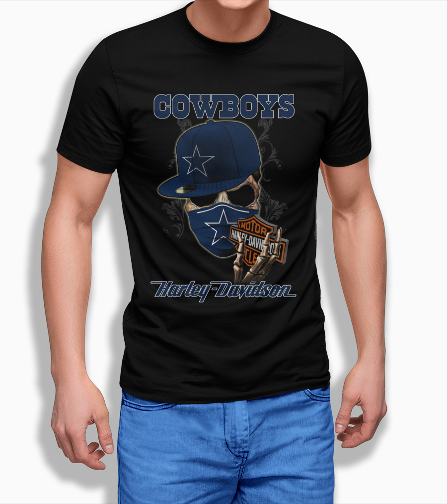 Cowboys Harley Davidson Skull With Cap And Mask Nfl Dallas 04.13 T-Shirt