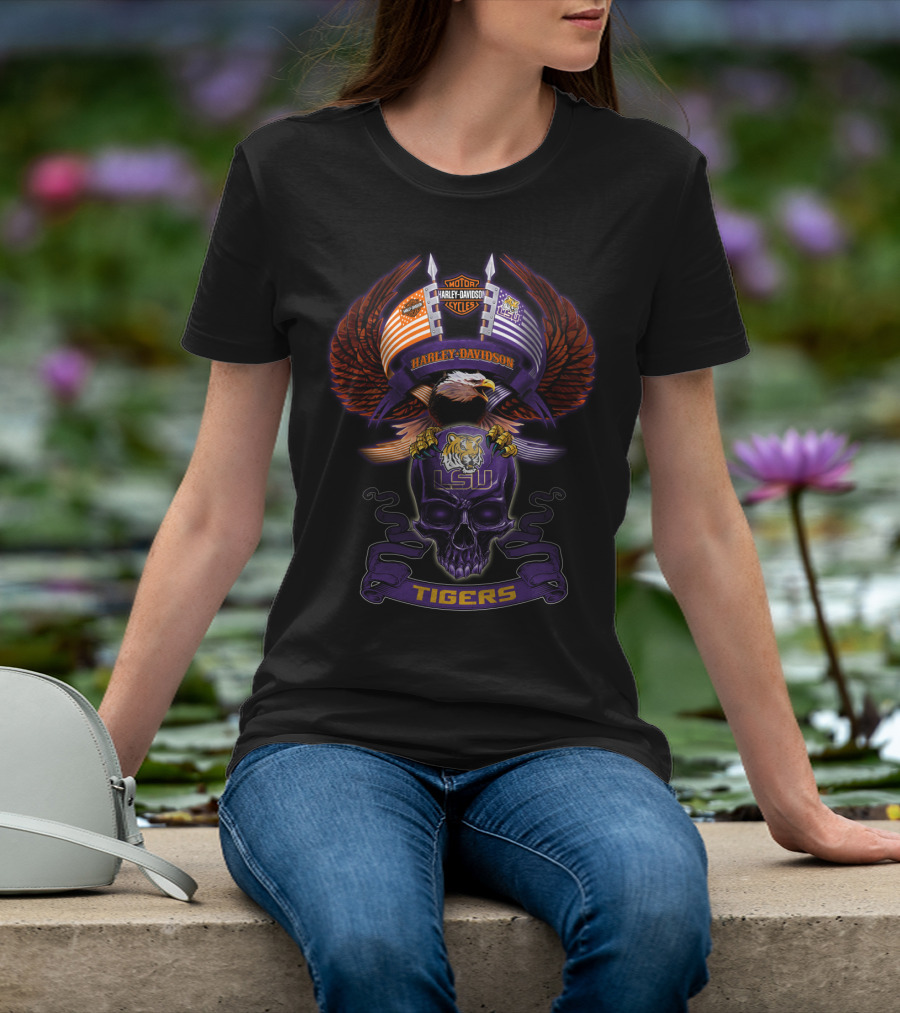 Harley Davidson Lsu Tigers Eagle And Skull Motorcycle Lifestyle T-Shirt