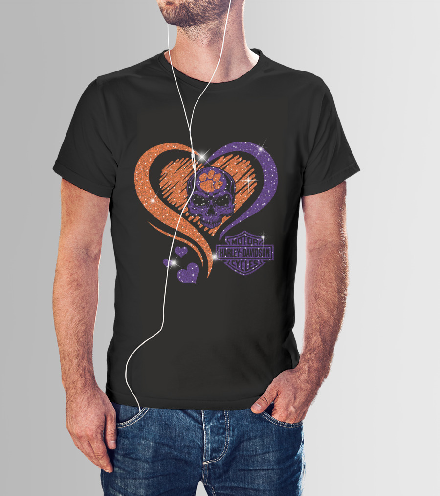 Clemson Tigers Harley Davidson Skull Heart T-Shirt