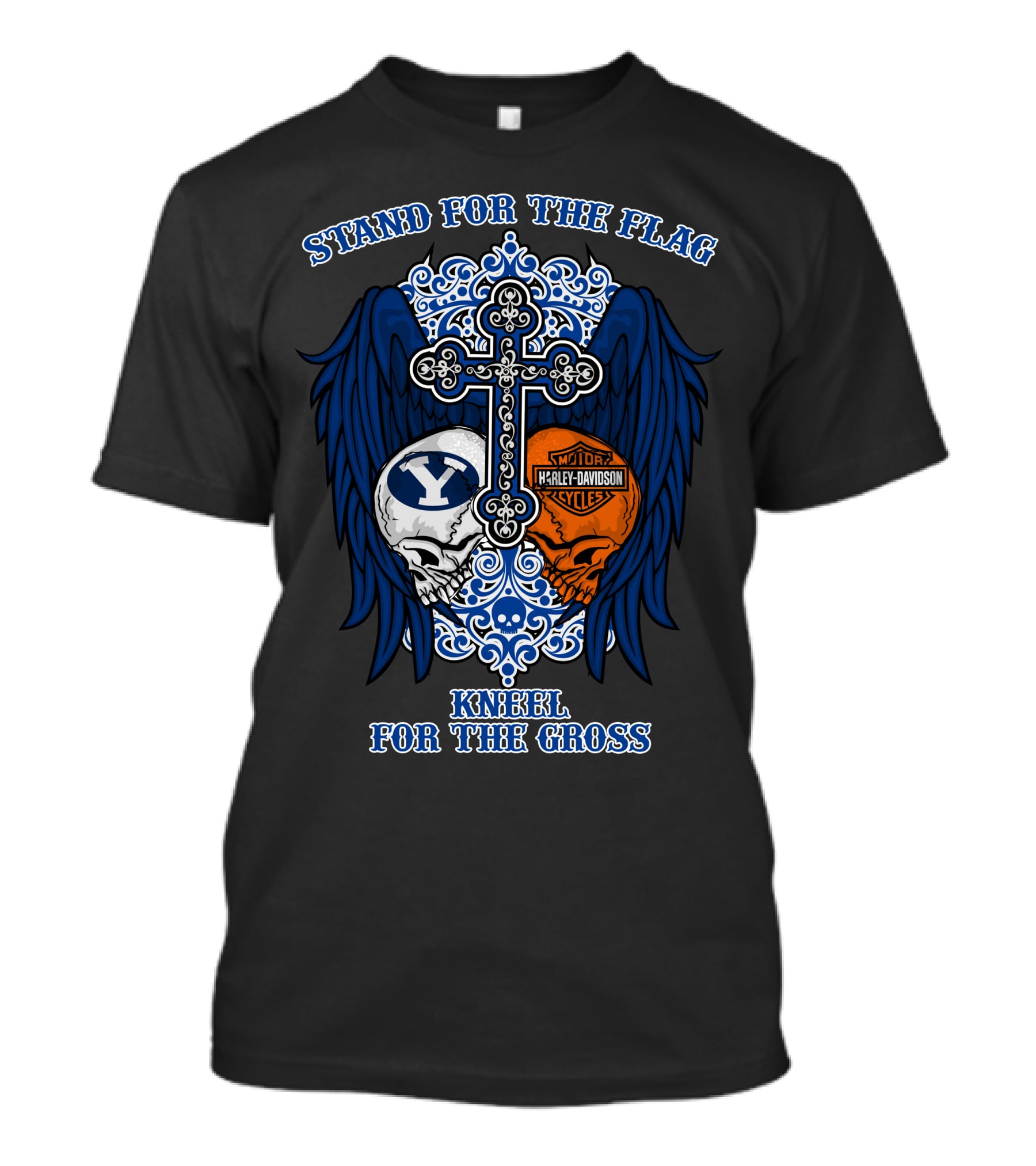 Stand For The Flag Kneel For The Cross Byu Cougars Harley Davidson Skulls T-Shirt