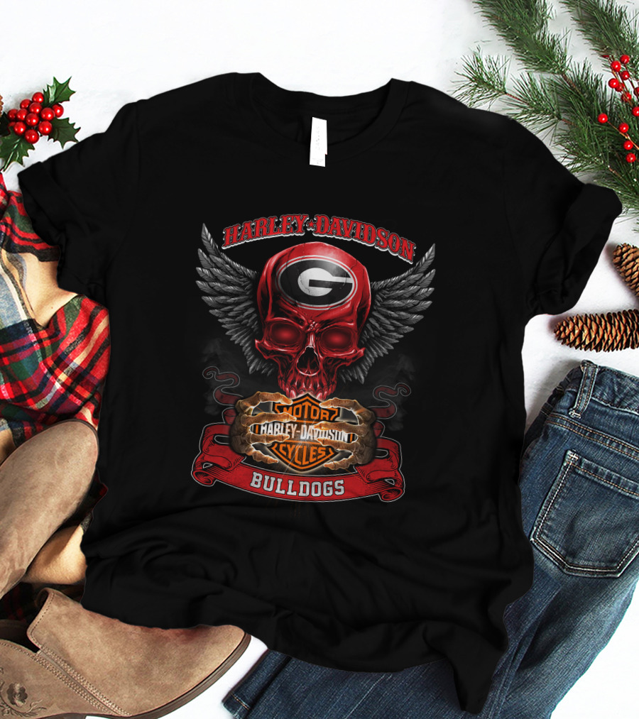 Harley Davidson Georgia Bulldogs Motorcycles Skull Wings T-Shirt