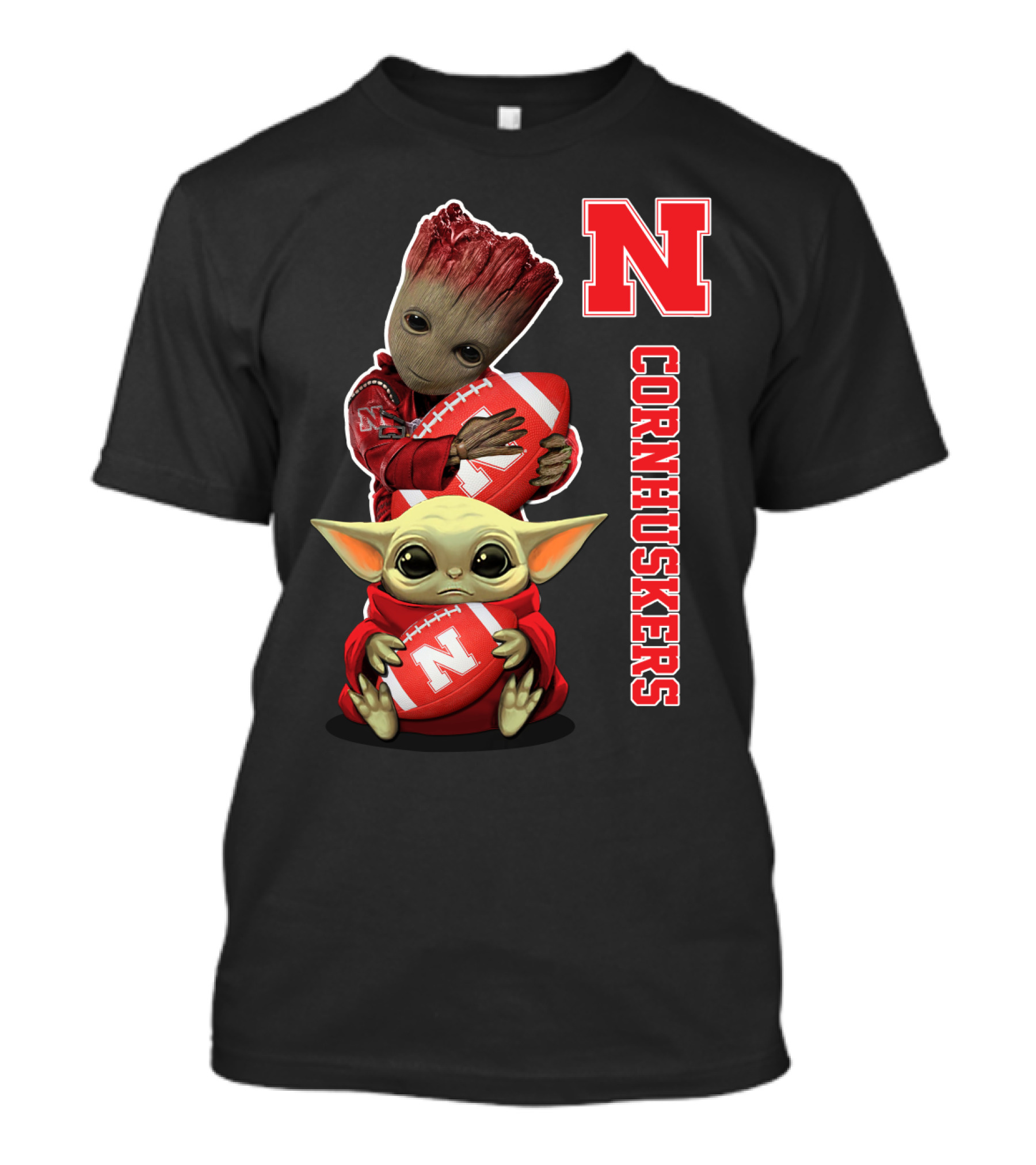 Nebraska Cornhuskers Groot And Baby Yoda Football T-Shirt
