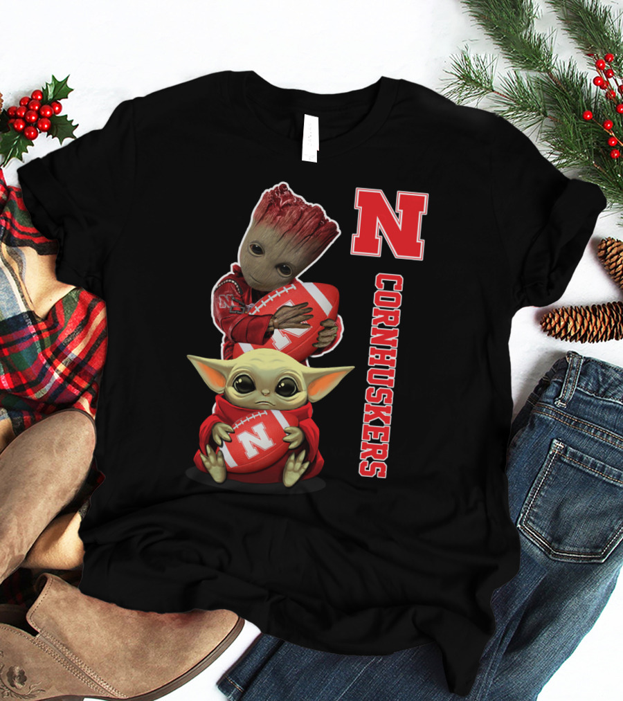 Nebraska Cornhuskers Groot And Baby Yoda Football T-Shirt