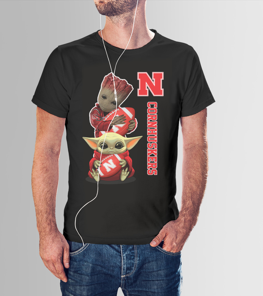 Nebraska Cornhuskers Groot And Baby Yoda Football T-Shirt
