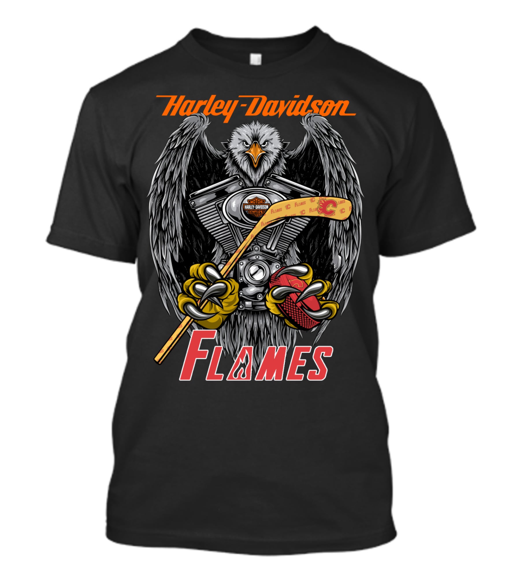 Harley Davidson Flames Nhl Calgary Hockey Eagle Engine T-Shirt