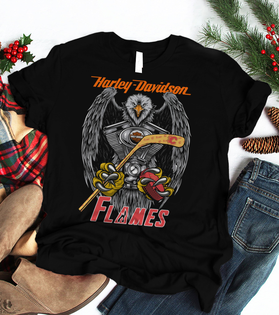 Harley Davidson Flames Nhl Calgary Hockey Eagle Engine T-Shirt