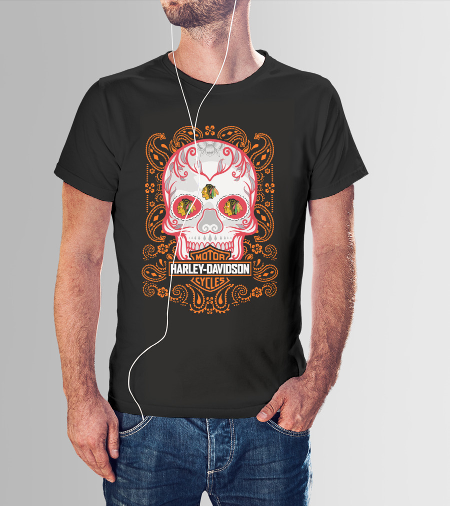 Harley Davidson Motor Cycles Nhl Chicago Blackhawks Skull Design 102 T-Shirt