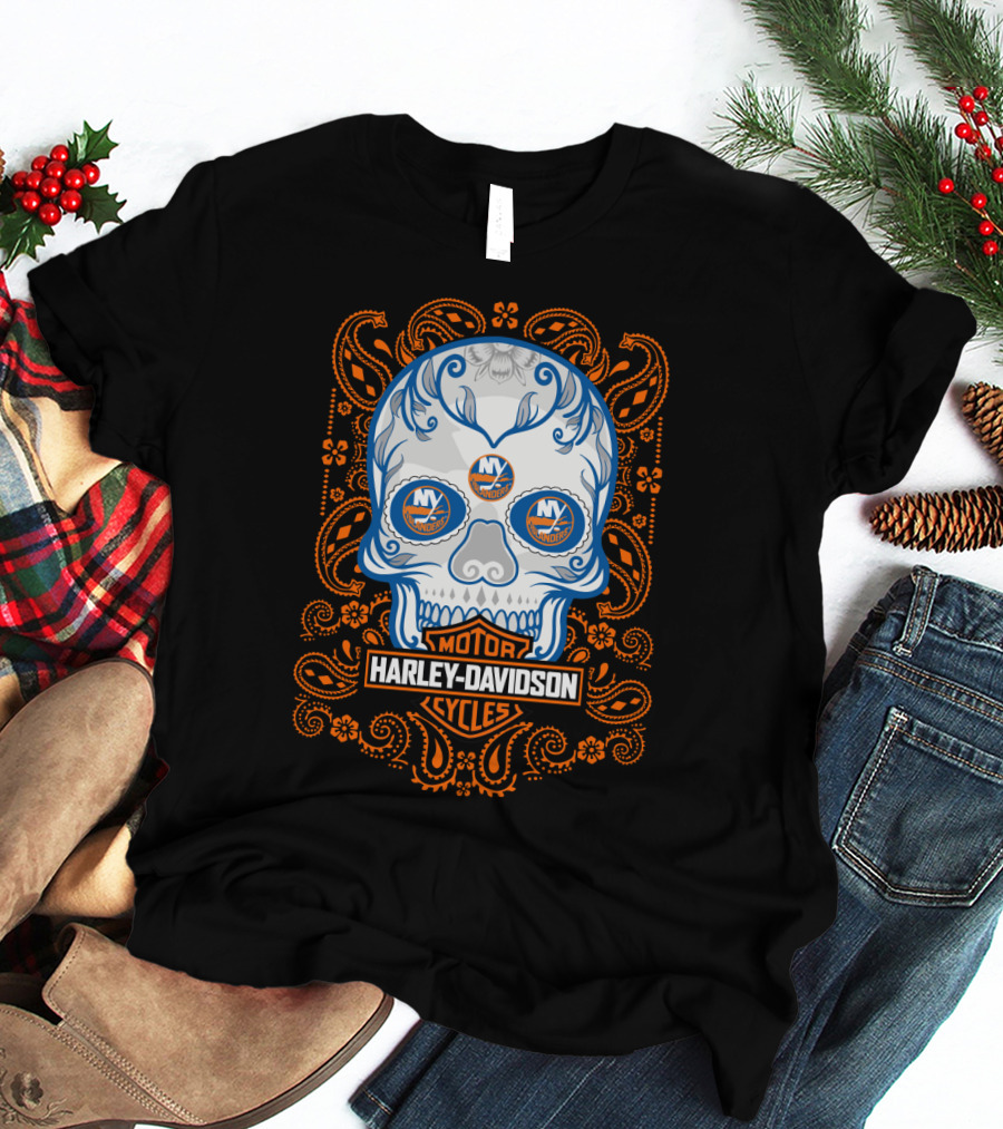 New York Islanders Harley Davidson Skull Motorcycles T-Shirt