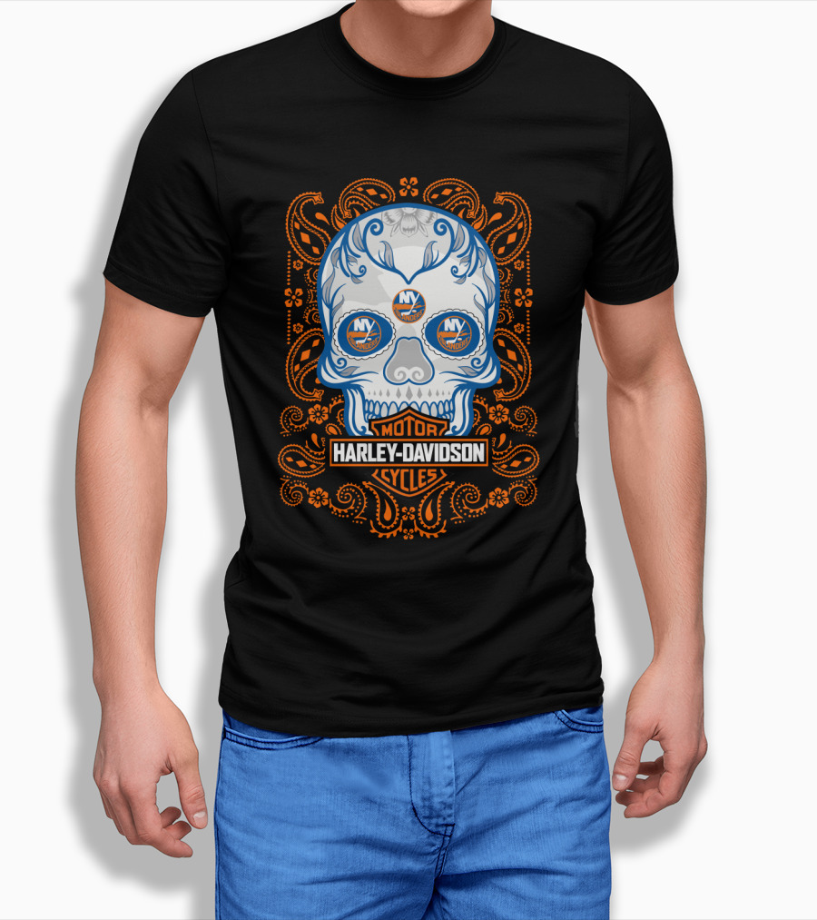 New York Islanders Harley Davidson Skull Motorcycles T-Shirt