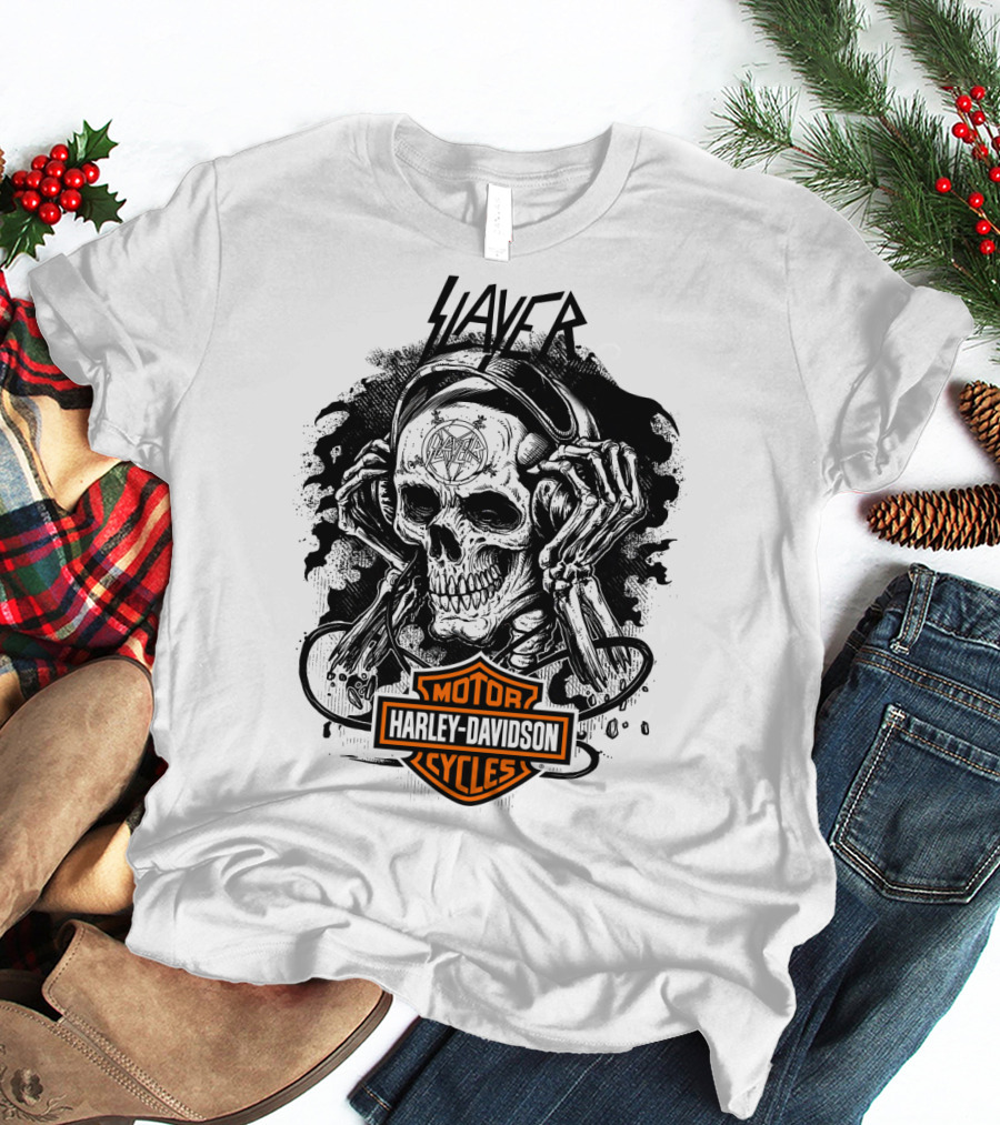 Slayer Skull With Harley Davidson Motorcycles T-Shirt