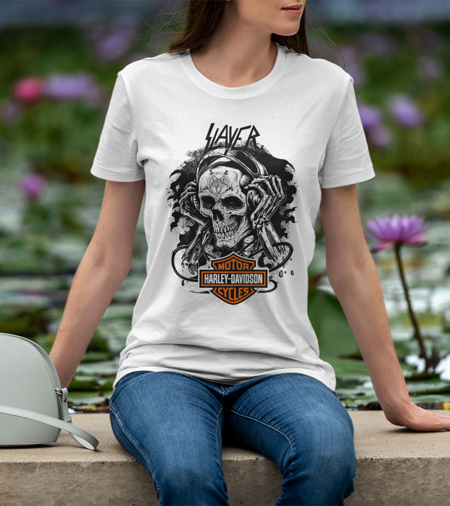 Slayer Skull With Harley Davidson Motorcycles T-Shirt