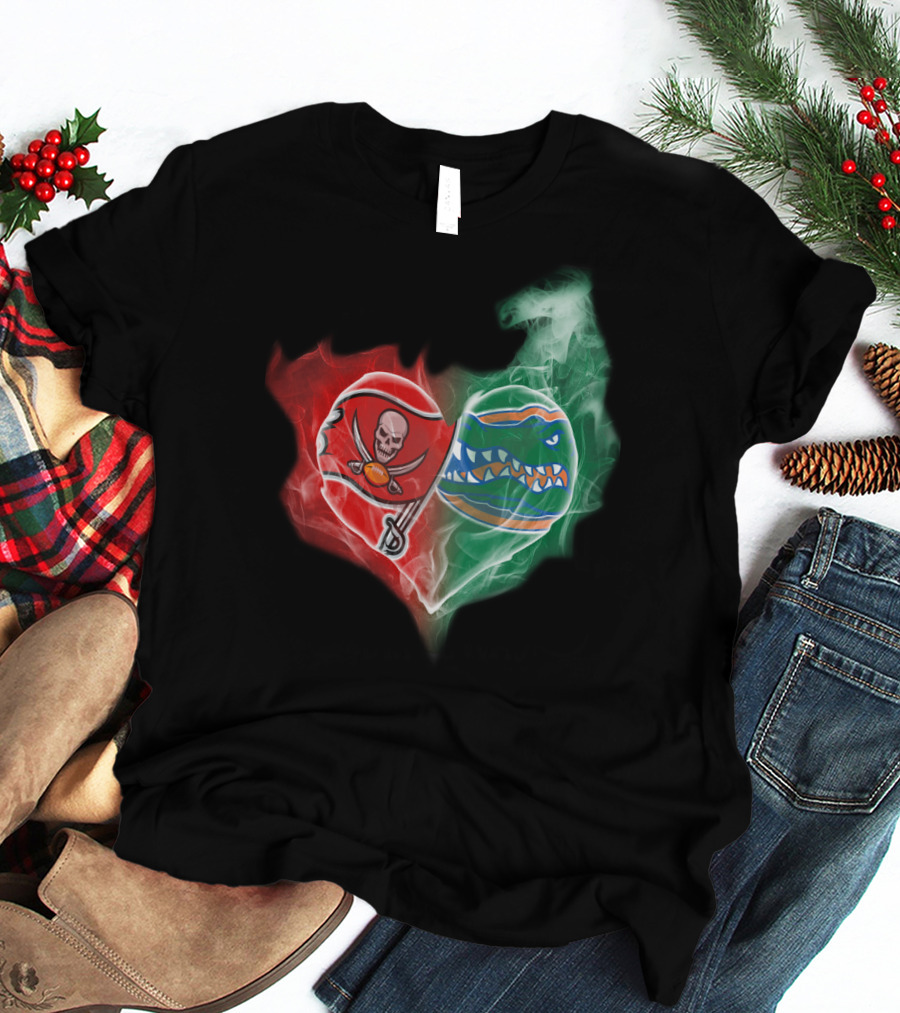 Buccaneers And Florida Gators Heart Smoke Logo Combination T-Shirt