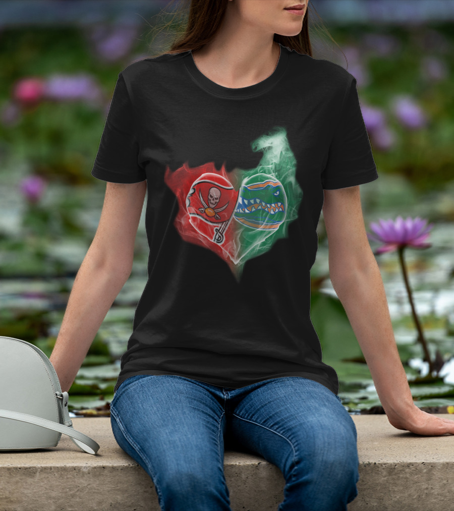 Buccaneers And Florida Gators Heart Smoke Logo Combination T-Shirt